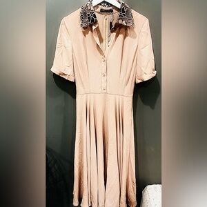 Isabel Garcia Beige Maxi Short Sleeve Dress Black Floral Embroidered Collar Sz S